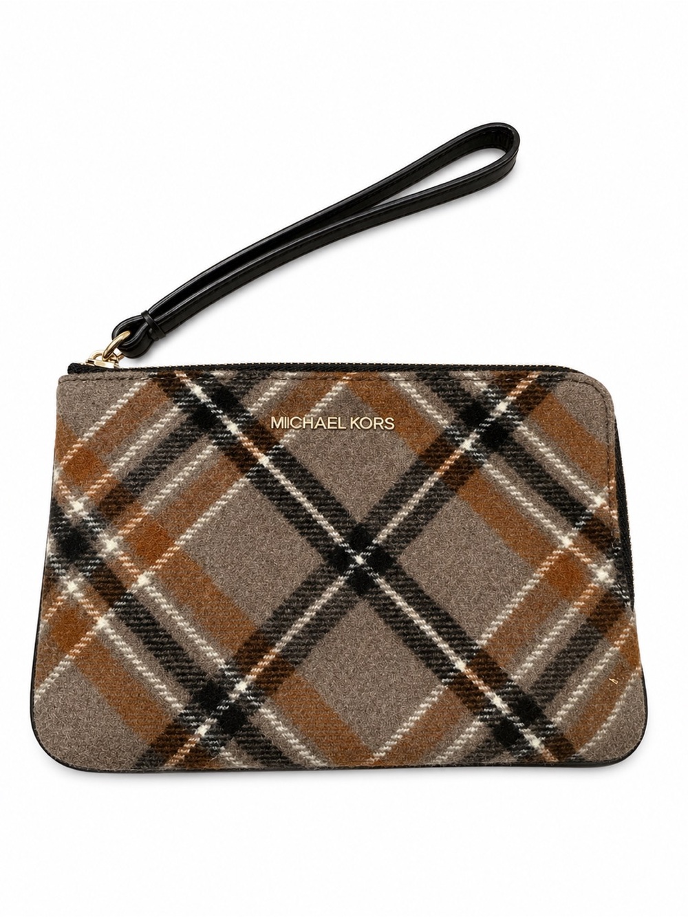 Michael Kors Plaid Wristlet in Brown, Black and Cream